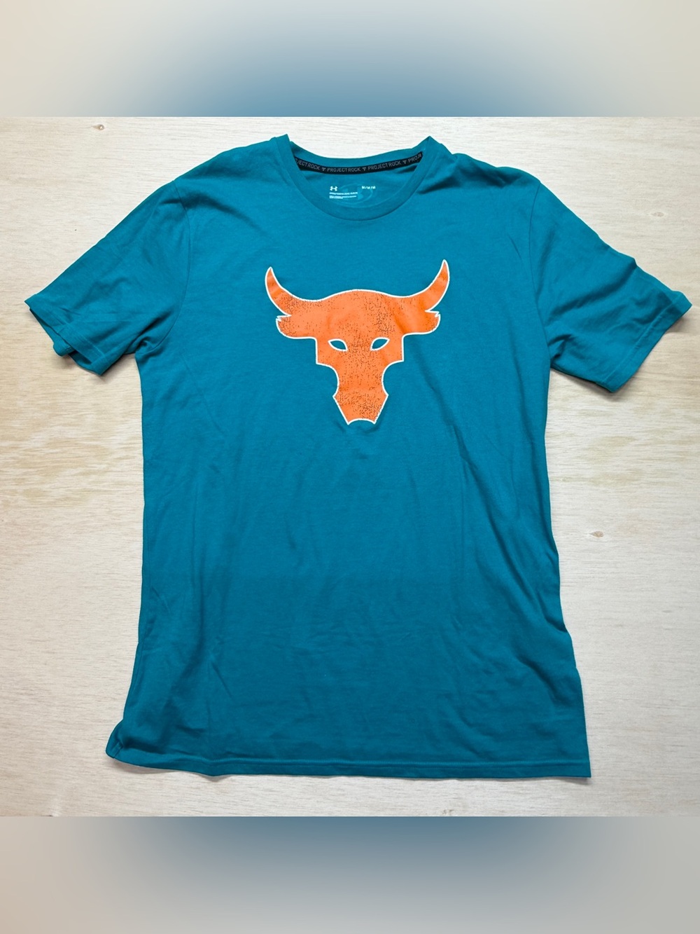 Under Armour Project Rock Men's T-Shirt Teal/Orange Bull Logo Size Small
